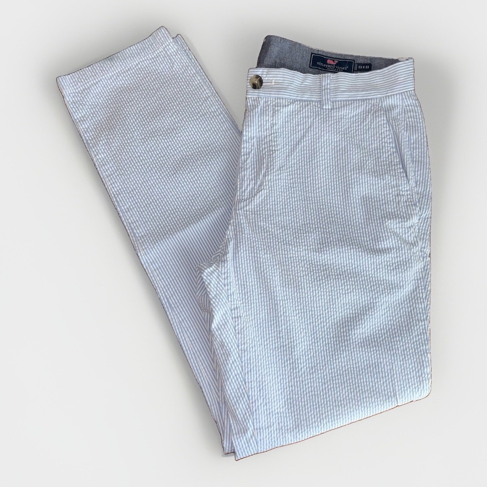Vineyard Vines Breaker Pants Blue & White Stripe Searsucker Stretch Size: 33x32